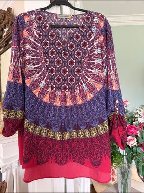 Colorful Boho Print Women's Blouse - Purple & Red, size XL